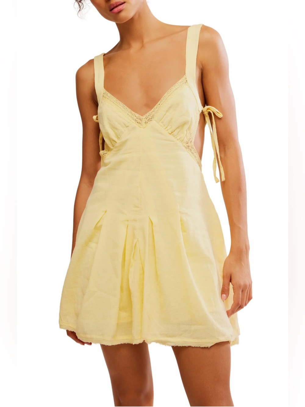 Free People Yellow Vivi Lace Trim Cotton Adjustable Mini Dress